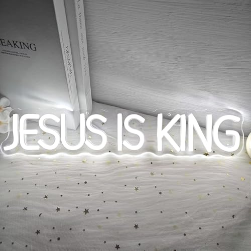 Image of Jesus Is King Neon Sign Jesus Led Sign Dimmable Christ Is King Neon Light Sign Easter Lights God Light Up Sign for Christian Wall Decor Easter Christmas Gifts