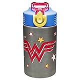 Zak Designs DC Wonder Woman - Stainless Steel Water Bottle with One Hand Operation Action Lid, Built-in Carrying Loop, Kids Water Bottle with Straw Spout is Perfect for Kids (15.5 oz, 18/8, BPA-Free)