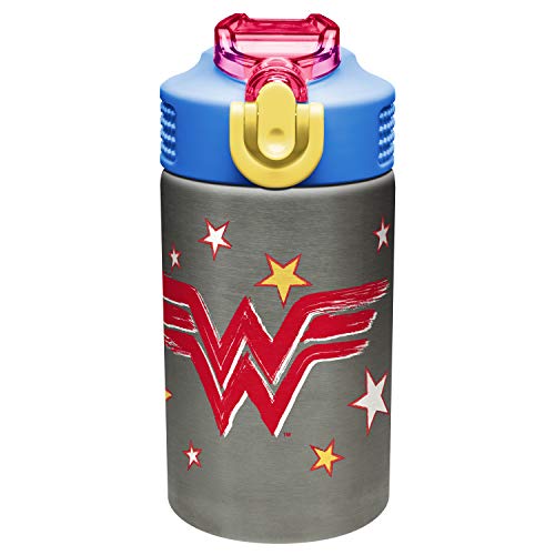Zak Designs DC Wonder Woman - Stainless Steel Water Bottle with One Hand Operation Action Lid, Built-in Carrying Loop, Kids Water Bottle with Straw Spout is Perfect for Kids (15.5 oz, 18/8, BPA-Free)