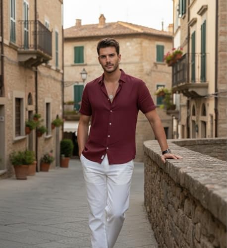 Image of Glowic Men Linen Shirt Casual Regular Fit Solid Stylish Summer Wear Shirt for Office Party Beach Holiday Lightweight Breathable Fashion Shirt