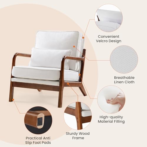 Sweetcrispy C-ZSF01 Modern Accent Mid Century Chair With Lumbar Pillow, Lounge Arm Chairs, Linen Fabric Comfy Reading Chair With Wood Frame For Living Room thumb #2