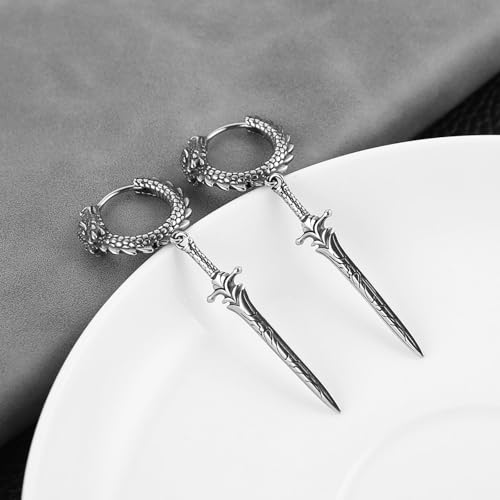 HZMAN Sword Dangle Drop Earrings for Men Gothic Punk Stainless Steel Dragon Knight Earring Hinged Huggie Hoop Earring Jewelry Gift4