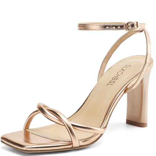 SLXCHBSL Chunky Block Heels for Women Square Open Toe Buckle Heeled Sandals Strappy Ankle Strap Shoes for Dress Party Evening Formal Prom Daily Wear 3.3 Inch High Heels Champagne Size 8