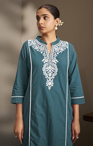 Image of DRESOUL Women Pure Cotton Schiffli Embroidered Kurta Set and Dupatta