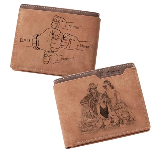 Custom Wallets for Men, Personalized Engraved Photo & Name Wallet with Fist, Fathers Day from Wife Daughter Son, Gift for Dad Boyfriend (Light Khaki)