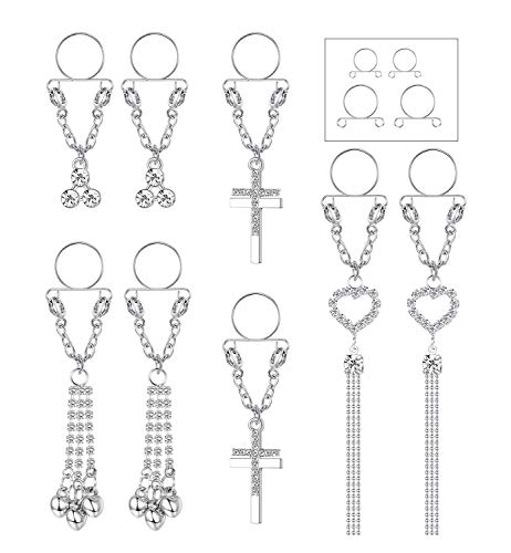 ORAZIO 4 Pairs Fake Nipple Rings Piercing Non-Piercing Nipplerings Clip On Nipple Rings for Women Stainless Steel Faux Dangle Nipple Body Piercing Jewelry