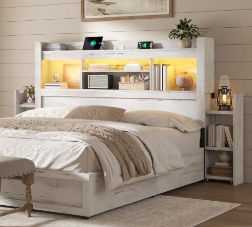 Image of AMERLIFE Queen /Full Wood Headboard Only with Storage, Distressed White