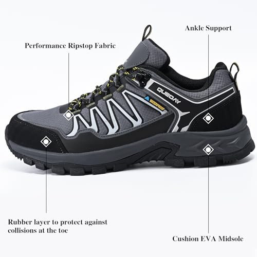 Image of Queday Mens Waterproof Lightweight Hiking Shoes | Breathable, Anti-slip Rubber outsole, Cushioned EVA midsoles, Ideal for daily trail, camping, and climbing