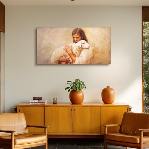 SERIMINO Jesus and Lamb Large Wall Art, Christian Art Wall Decor for Serenity Prayer, Bible Parable of the Lost Sheep Religious Art Prints, The Good Shepherd Pictures for Living Room Bedroom 20"X40"