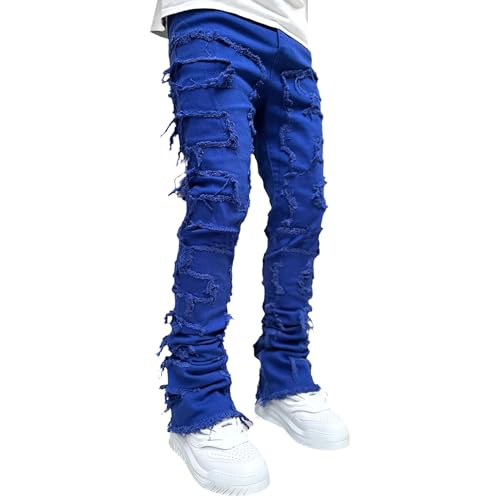 Vaqueros Slim Fit Stretch Layered para Hombre Vaquero Pitillo Rectos Pantalones Vaqueros Hip Hop Desgastados (Azul,L)