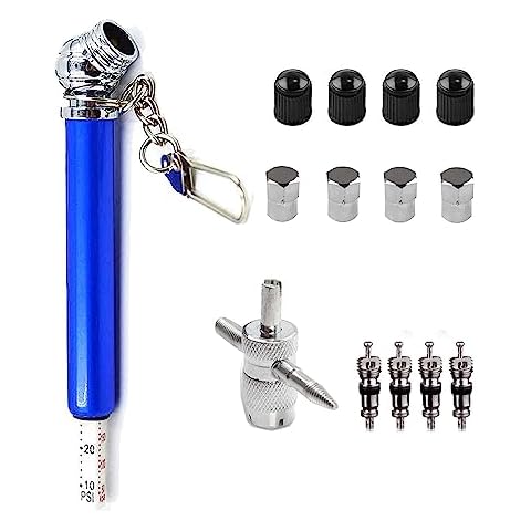 ACCRETION 14Pcs Pencil Tire Pressure Gauge Valve Core Tool Kit，Including Tire Gauge Pencil, 4-1 Way Valve Tool, Schrader Valve Cores, Aluminum Valve Caps and Plastic Tire Caps Cover