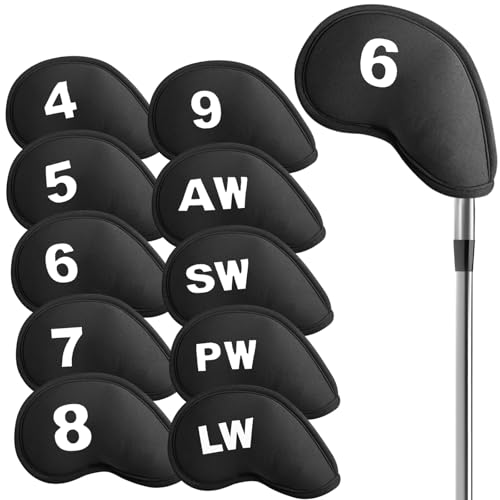 FINGER TEN - Golf Iron Head Covers Neoprene with Numbers Printed Value 10 Pack Set, Protection Headcovers Soft Durable Breathable for Men Women, Color Pink Black Blue Universal Fits All Irons Clubs (Black)