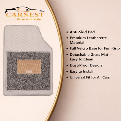 Image of CARNEST 7D Car Floor Mats Compatible with -Compass (2017-20) All Model, Set of 5 Pcs, 100% Waterproof Luxury Leather Triple-Stitch Car Foot Mat with Detachable Grass, Beige