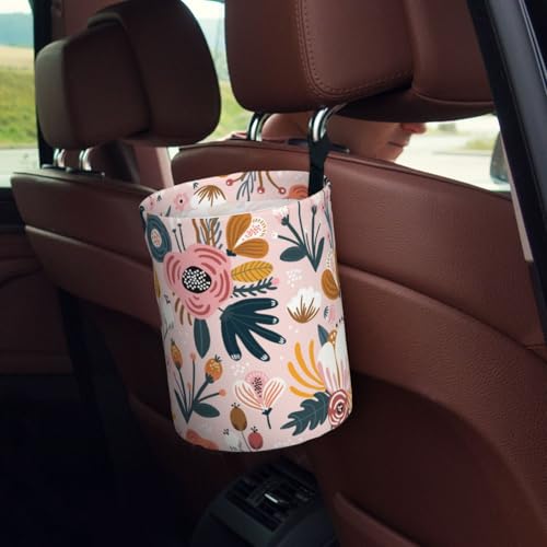 Image of Car Trash Bag Abstract Pink Flowers Waterproof Trash Small Car Can Portable Collapsible Car Garbage Can Hanging for Back Seat Floor or Hanging Headrest Car Decor Road Trip Essentials