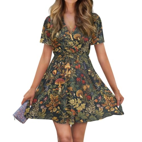 Eheartsgir Mushroom Women's Casual Dresses Wrap V-Neck Short Sleeve Swing Loose Beach Dresses Not See Through