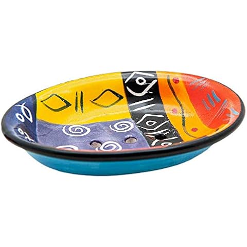 Kapula Hand Painted Ceramic Soap Dish - Multi Coloured Ethnic Design - 3 Drainage Holes - 13cm x 10cm x 3cm Compact Size Cover