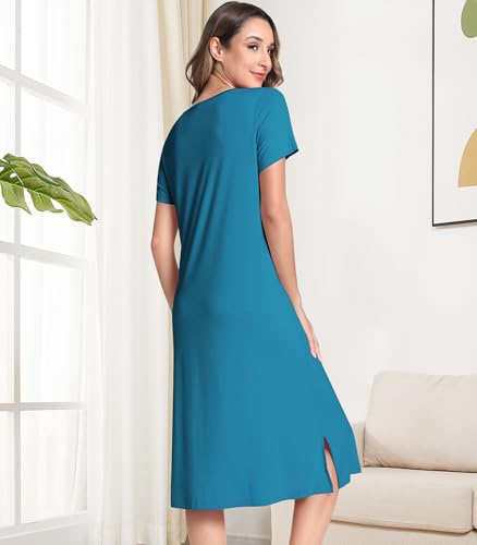 Image of NACHILA Women's Nightgowns-Viscose Made from Bamboo, Short Sleeve Sleepshirts V Neck Night Dress Cool Sleepwear