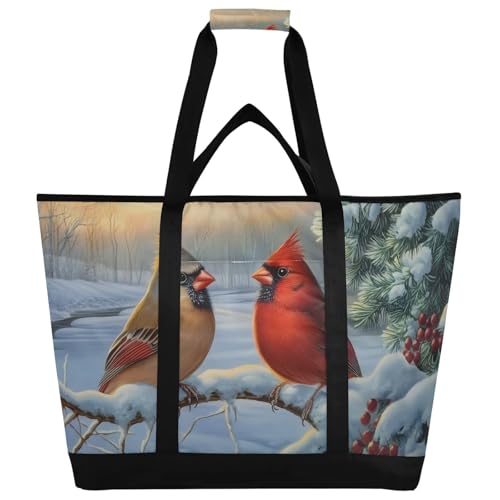 Large Insulated Tote Bag Retro Birds Snow for Grocery Shopping Reusable Tote Bags for Women Men, Cooler Bag with Zippered Top & Handles for Beach Picnic Travel