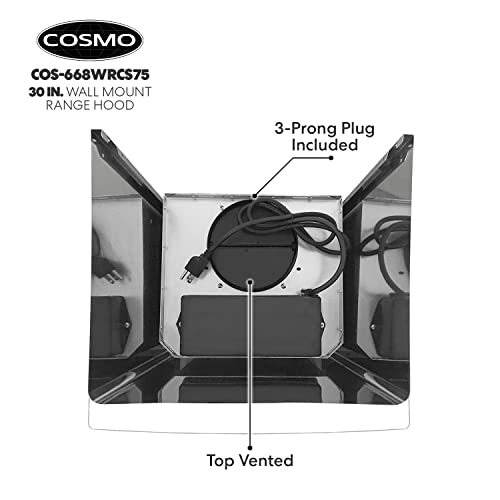 Cosmo COS-668WRCS75 Wall Mount Range Hood With Ducted Exhaust Vent, 3 Speed Fan, Soft Touch Controls, Tempered Glass thumb #5