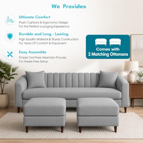 Image of Doraldo 3 Seater Sofa Set with 2 Ottoman for Living Room (Grey) Premium Fabric Sofa