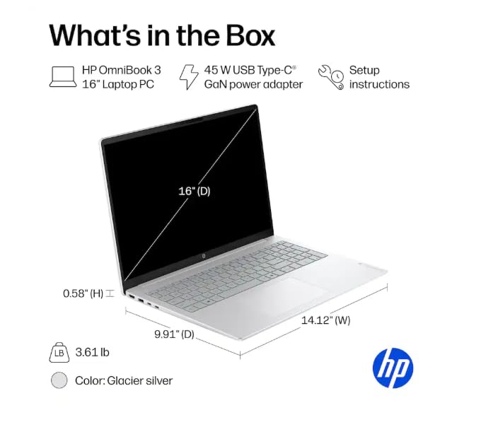 Image of HP OmniBook 3 Touchscreen Business Laptop Computer, 16 inch WUXGA IPS Display, Windows 11 Pro, 512GB PCIe SSD, 8GB RAM LPDDR5, AMD Ryzen 5 40 Processor, Numeric Keypad, PLUSERA 8-in-1 Hub, Glacier Silver