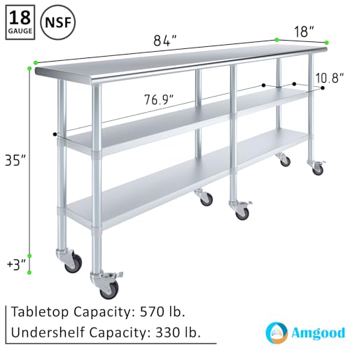 Image of AmGood Stainless Steel Work Table with 2 Shelves and Casters | Metal Utility Table On Wheels (Stainless Steel Work Table with 2 Shelves + Casters, 84 inch Long x 18 inch Deep)