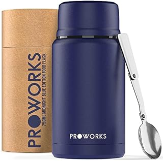 Proworks Vacuum Insulated Food Flask With Thermal Stainless Steel & Folding Spoon for Hot or Cold Food - Midnight Blue - 750ml