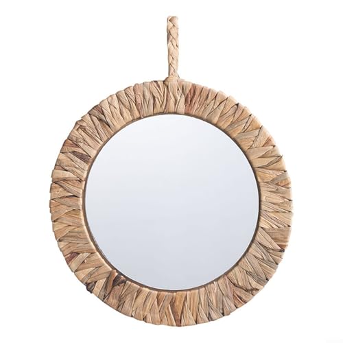 Espejo de pared redondo de ratán rústico de 34,5 cm, espejo colgante bohemio, decoración tejida para dormitorio, sala de estar, baño, entrada, marco beige natural