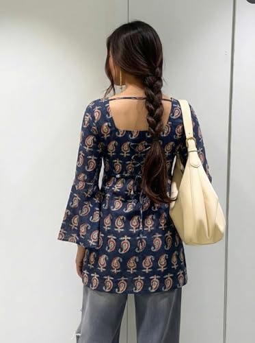Image of ANNI Designer Women's Viscose Blend Printed Short Kurti | Straight Fit Casual Ethnic Top | Square Neck Full Sleeve Kurta Office College