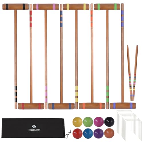 SpeedArmis 28In Croquet Party Set for 8 Players - Made of Long-Lasting Pine Wood, Family Fun for Backyards, Lawn and More, Comes with Colorful Mallets, PE Balls, Wickets, Stakes, and Carrying Bag