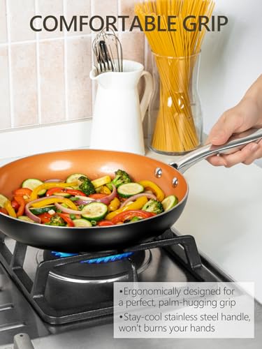 Image of Michelangelo 10 Inch Copper Nonstick Frying Pan with Lid, Ultra Nonstick Ceramic Interior, Induction Compatible, 2.75 Quarts