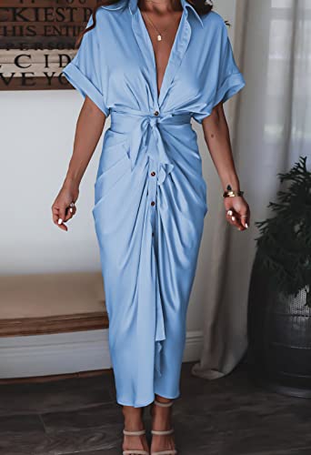 Image of Linsery Long Dress Women Elegant Satin Short Sleeve Button Belted Shirt Work Dress Light Blue L