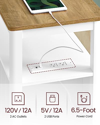 Vasagle Side Table With Charging Station, Narrow Nightstand With 2 Drawers, Living Room End Table With Storage, For Small Spaces, Coastal Style, Rustic Walnut And White Ulet322T14 #TOP6