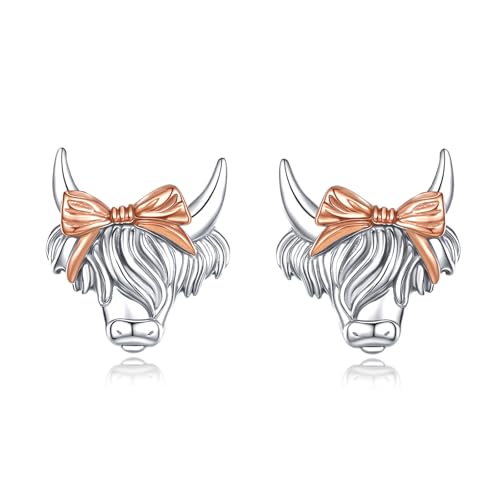 Boucles d'oreilles vache des Highlands en argent 925 et or rose avec nœud bicolore