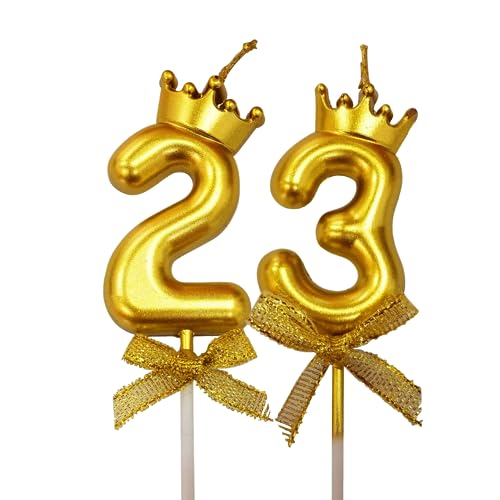 Image of 2 Pc 23 Number Candle for Birthday Cake Metallic 23rd Birthday Cake Decoration Twenty Three Candle with Crown on Top Cake Topper 0-9 Number Candles for Anniversary (Pack of 2, Gold)