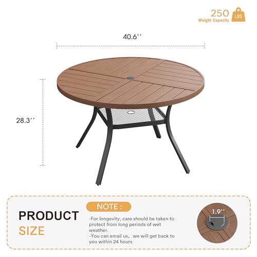 Image of VICLLAX Round Patio Table with Adjustable Umbrella Hole for 4, All Weather Metal Outdoor Dining Table for Lawn Garden, 40.6 inch Outdoor Coffee Table, Walnut Wood-Like Tabletop