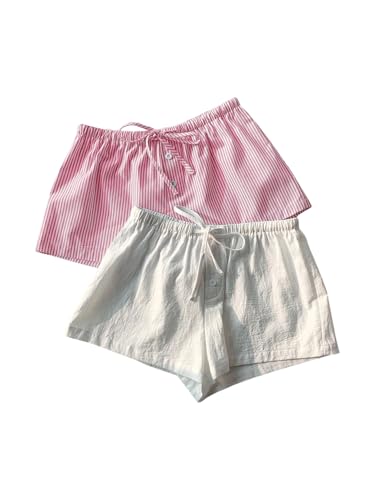 Image of MakeMeChic Women's 2 Pack Linen Shorts Striped Gingham Summer Beach Pajama Boxer Shorts