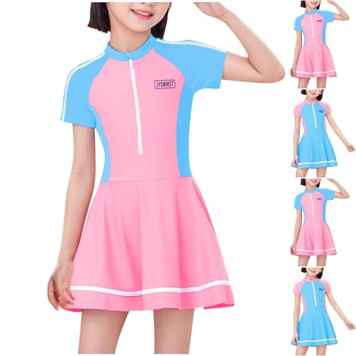 Girls One Piece Swimsuits Short Sleeve Swim Dress for Kids Hawaiian Skirted Bathing Suits Summer Swimwear for 7-14 Years2