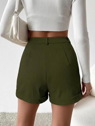 Image of Leriya Fashion Women's High Waist Tailored Shorts, Ribbed Poly Lycra Blend Summer Shorts with Pockets & Button Closure, Elegant Folded Hem Casual Wear for College, Brunch & Daily Outings