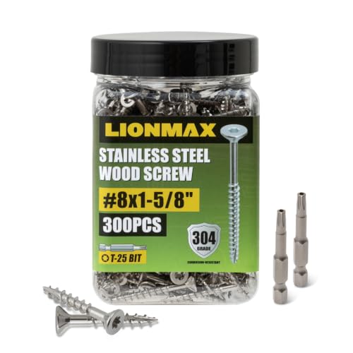 LIONMAX Stainless Steel Deck Screws #8 x 1-5/8 Inch, Wood Screws, 300PCS