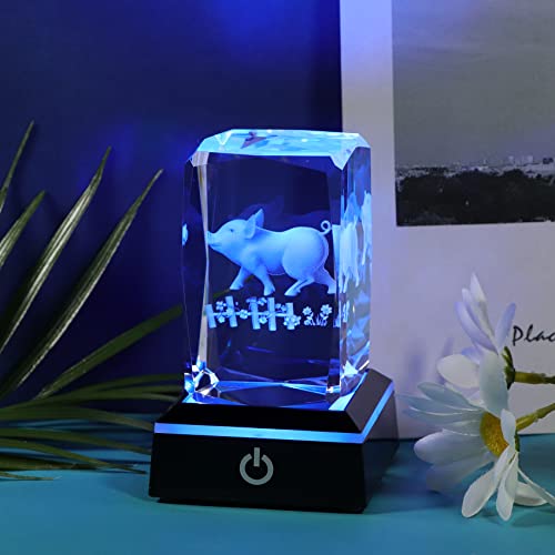 Movdyka 3D Laser Etched Crystal Pig Figurine Led Art Light Lamp, Crystal Glass Art Cube Engraving Pig Paperweight Gifts, Crystal Glass Pig Model Gifts #TOP3