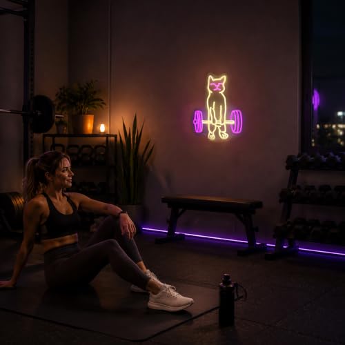 Image of Cat Lifting Weight Neon Sign Led Gym Lighting for Home Gym wall Decor gift