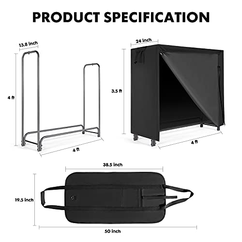 Mayoliah 4 Ft Firewood Rack Outdoor With Cover And Tote Bag Combo, Waterproof Wood Rack For Firewood Storage Heavy Duty Log Holders For Inside Fireplace, Black #TOP6