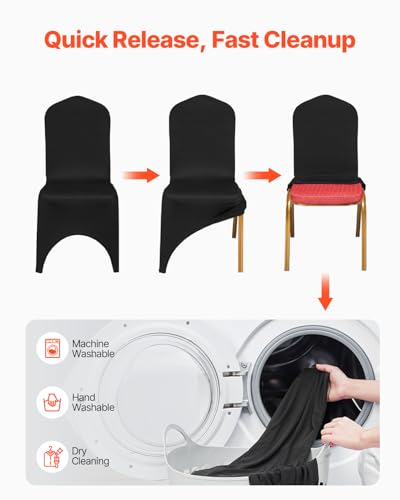 Image of VEVOR 50 Pcs Black Chair Covers Polyester Spandex Stretch Slipcovers for Wedding Party Dining Banquet Arched-Front Chair Covers