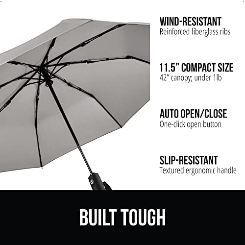 Image of GORILLA GRIP Compact Travel Size Umbrella for Rain, Sleek Design Fits Backpack, Purse and Carry On, Lightweight Under 1lb, One Click Open and Close, Wind Resistant, Durable Waterproof Quick Dry, Gray