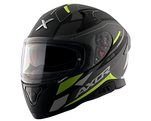 Image of Axor Apex Turbine ISI ECE DOT Certified Full Face Dual Visor Helmet for Men and Women with Pinlock Fitted Outer Clear Visor and Inner Smoke Sun Visor Dull Black Neon Grey Helmet-XL