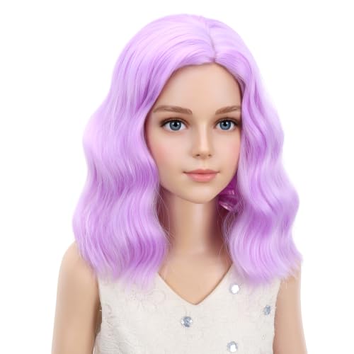 Image of PATTNIUM Kids Short Purple Pink Wig Girls Lavender Purple Curly Wavy Wig Short Synthetic Hair Wigs