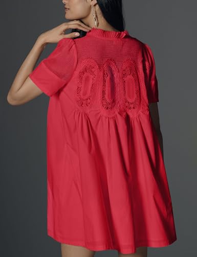 Image of Shiyifa Womens Babydoll Lace Patchwork Dresses Summer Short Sleeve Ruffle Sundress Loose Crew Neck A-Line Dresses