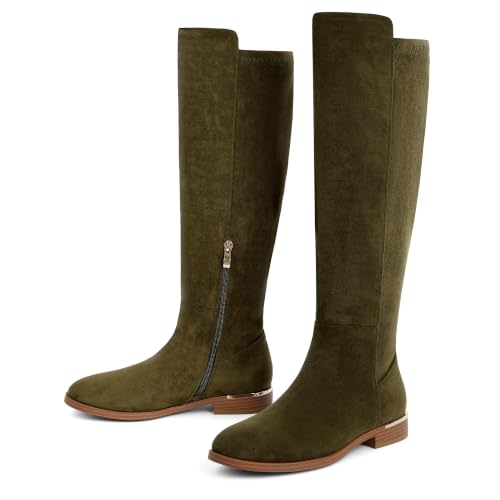 Image of Modatope Rounded Toe Flat Stretchy Dress Knee High Boots Side Zipper | Suede Elastic Fall Winter Boots, Low Chunky Block Heel Riding Boots,2026 Fashion Womens Tall Long Boots