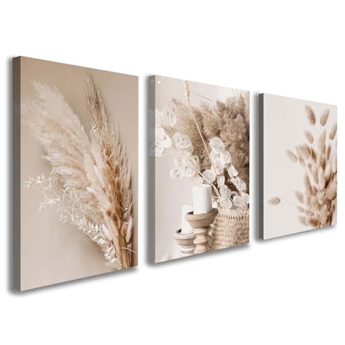 Galmcook Set of 3 Framed Canvas Wall Art 12x16 Inch Beige Botanical Minimalist Artwork Prints for Walls Wall Canvas Pictures for Living Room Bedroom Hallway Wall Decoration with Hooks and Magic Tape